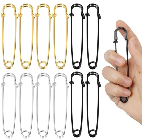 12 Stück Sicherheitsnadeln Groß,10cm Extragroß Safety Pins Inklusive Federverschluss,für Kleidung, Quilten, Kunsthandwerk,Charms, Decken, Röcke, Schal, Leder, Segeltuch(Silber Gold Schwarz)