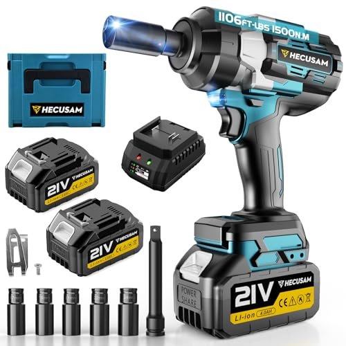 HECUSAM 1500Nm Llave de Impacto inalámbrica sin escobillas, 1/2 llave de impacto con Batería de 2x4.0Ah, Cargador Rápido, Atornillador de impacto con 5 vasos para coche y hogar