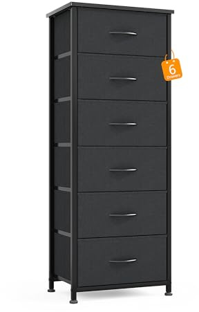 Cómoda estrecha con 6 cajones de tela, alta y estrecha, armario de cocina, mueble para dormitorio, salón, pasillo, habitación de los niños, color negro