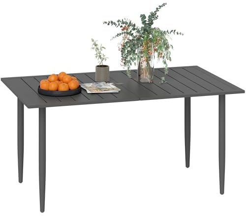 Outsunny Tavolo da Giardino Rettangolare 150x90x73 cm, Tavola da Pranzo per 6 Persone con Design a Doghe e Foro per Ombrellone in Acciaio, Per Patio, Terrazzo, Balcone ed Esterno, Nero