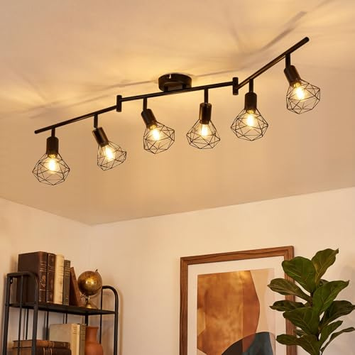 Leselux LED Deckenstrahler 6 Flammig E14, Deckenleuchte Strahler Schwenkbar | Vintage Spots Deckenleuchte Schwarz Schwenkbar 350°, Metall Deckenspots für Wohnzimmer Schlafzimmer Küche, Ohne Leuchtmittel