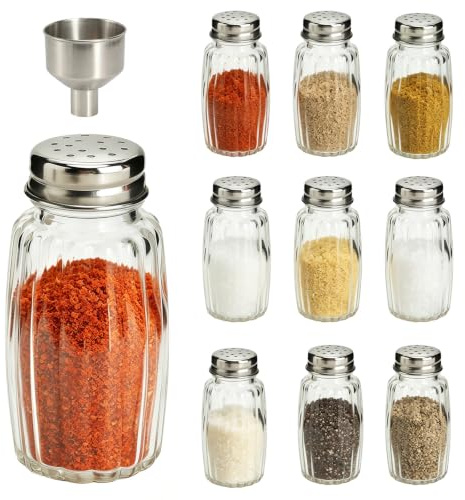 JYYWTSI 10 st Salt- och Pepparströ Set, Glas Kryddströare och Mini Kryddburkar, Saltströare Små med Fina Ströhål för Kök Grill Restaurang Gastronomi med Rostfritt Stål Tratt
