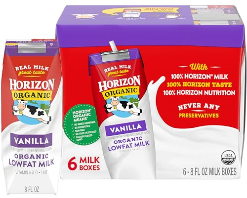 Horizon Organic Shelf Stable 1% Lowfat Vanilla Milk Boxes, 8 fl oz, 6 Count - 8g Protein per Serving, USDA Organic UHT, Ready to Drink for Lunchbox, Travel, or On-the-Go, No Refrigeration Needed