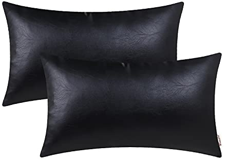 BRAWARM Fundas de cojín Decorativas de Piel sintética, Fundas de cojín de Piel sintética sólida, Fundas de sofá para Sala de Estar, jardín, Cama, Color Negro, 30 x 50 cm, Paquete de 2