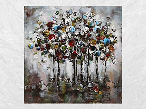 IDYL Metallbild med 3D-effekt | Modern konst | motiv färgglatt träd | 100 x 100 x 7 cm | nr 0785