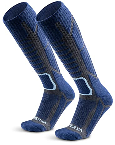 WEIERYA Calze Sci Uomo in Lana Merino - Calze da Sci per Uomo e Donna,Termiche, Antiscivolo, Ideali per Sci, Snowboard e Inverno,2 Paia,Blu Retrò,37-40