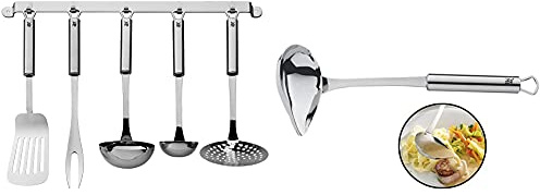 WMF Profi Plus Küchenhelfer Set 6-teilig, Hängeleiste mit 5 Helfer, Schöpflöffel, Schaumlöffel & Profi Plus Saucenlöffel 28 cm, Soßenkelle mit Schnaupe, Cromargan Edelstahl teilmattiert