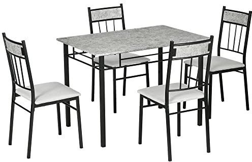 HOMCOM Set Tavolo e Sedie 5pz, Tavolo da Pranzo Rettangolare in Metallo e MDF e 4 Sedie da Pranzo con Seduta Imbottita in Gommapiuma e Poliestere
