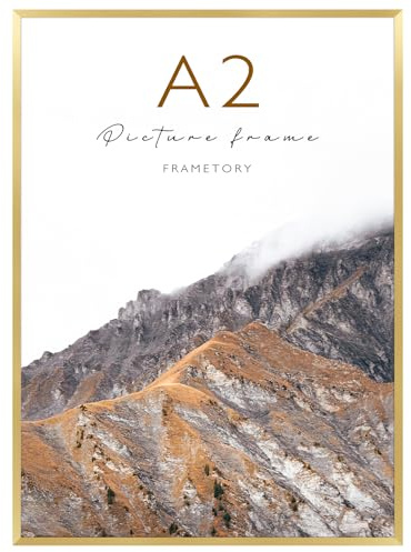 Frametory, A2 Aluminum Poster Frame, Acrylic Front, Thin Metal Picture Frames for 16.5x23.4 Photo, Horizontal/Vertical Wall Mount (1 Pack, Gold)