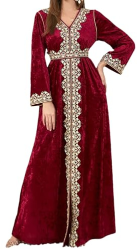 Disimlarl Robe musulmane en velours pour femme Abaya broderie Maroc robe de fête fendue Caftan arabe robe longue, Rouge, L
