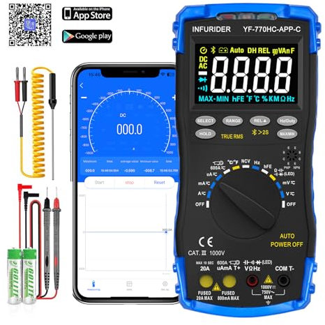 Multimeter Digital, Spannungsmesser für AC/DC Spannung Strom, Strommessgerät Tester mit Farbe LCD-Anzeige, Multifunktional Voltmeter, Amperemeter, Messgerät Bluetooth APP Connection