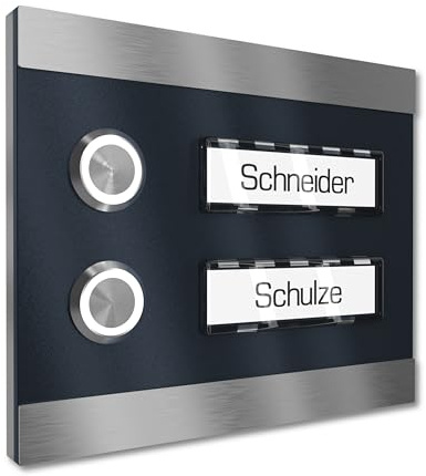 Graviers Design Sonnette de porte apparente pour immeuble collectif 2 plaques nominatives interchangeables - inox V2A 140x115 mm - éclairage du nom sélectionnable LED Bouton-poussoir Plaque