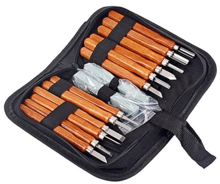 BELLIFFY Set Utensili da Intaglio in Legno con 14 Pezzi Design Antiscivolo Materiale Metallo e Legno Custodia in Tela Marrone per Principianti e Lavori Artistici e Pino