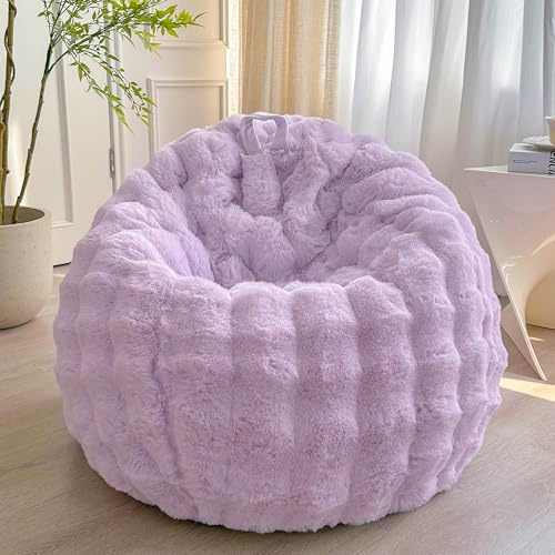 LIFEREVO Kids Fluffy Faux Rabbit Fur Bean Bag Cover, No Filler, Lavender | Plush 3D Bubble Stuffed Bean Bag Storage for Home Decor, Soft Cozy Beanbag Chair Cover for Gilrs Adults, Anti-slip & Washable