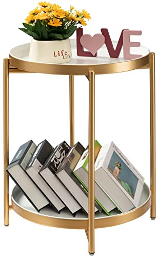 danpinera Mesa auxiliar de 2 niveles, mesa redonda de metal con bandeja extraíble, pequeña mesa auxiliar plegable para exteriores, mesita de noche antioxidante para dormitorio, color dorado + blanco