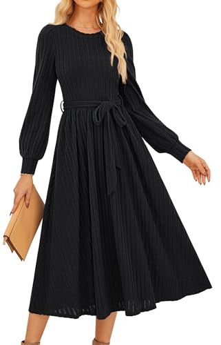 GRACE KARIN Damen Elegantes Basic Kleider Winter Midikleid Rundhals Laternärmel A-Linie Kleid mit Gürtel Schwarz XXL