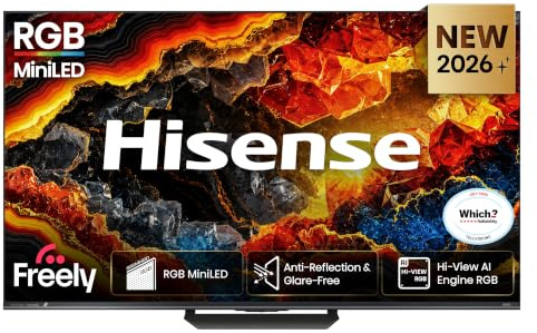 Hisense 55” 55ER8STUK RGB MiniLED 180Hz 4K Ultra HD AI Smart TV with Freely, Netflix, Disney+ and YouTube – Hi-View Ai Engine RGB, Native 180Hz Game Mode, Anti-Reflection & Glare-Free