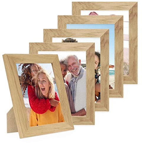 PHOTOLINI Bilderrahmen 15x20 Holz Eiche, 5er Set breite Bilderrahmen 20x15 Holz, Picture Frame mit Acrylglas, Bilder Rahmen 15 x 20 cm Eiche zum Aufhängen & Aufstellen, Rahmen 15x20 mit Zubehör