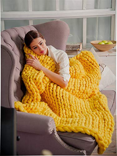 GLITZFAS Gestrickte Decke Grob Kuscheldecke Grobstrick Wolldecke Strickdecke Tagesdecke Überwurf Decke Zuhause Dekor Geschenk (Gelb,120x150cm)