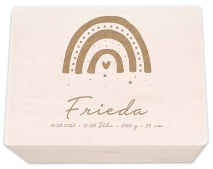 hellomini Personalisierte Erinnerungsbox aus Holz • Gravierte Aufbewahrungsbox mit Namen & Geburtsdaten • Geschenk zur Geburt, Taufe & Geburtstag • Hochwertige Baby-Erinnerungskiste (Regenbogen)