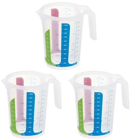 MiraHome 3er Set bunt – 3 Messbecher mit 1L – bruchsichere Kunststoff-Messbecher für Küche – Skala für ml/L, Cups & Gramm für Zucker/Mehl – Austrian Quality