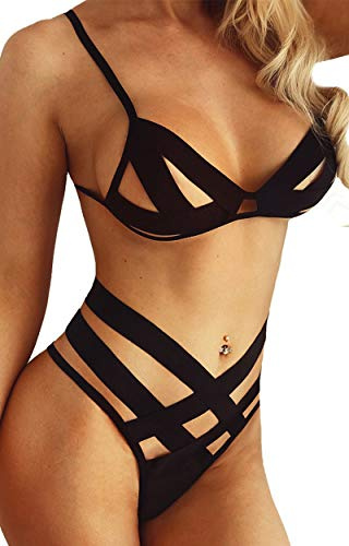 JFAN Damunderkläder set ihåliga band bh korsett bandage push up och trosor mesh nattkläder, 3 remmar-svart, L