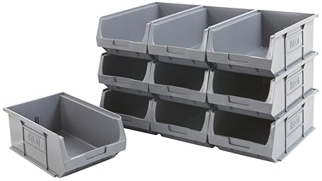 BiGDUG Plastic Parts Bins - Stackable or Wall Mounted Storage Boxes Garage Organiser Louvre Free Standing - Pack of 10 - 125H x 200W x 355D mm - Grey