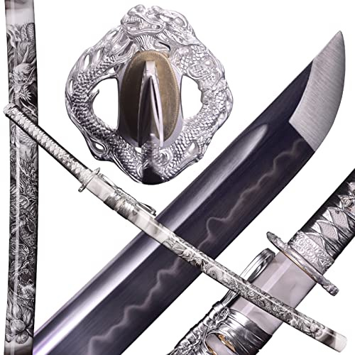 ANATAK Handmade Katana Sword, Japanese Samurai Sword by T10 Steel Carbon Steel Clay Tempered, Full Tang, 40.5-Inch (Silver Dragon-T10)