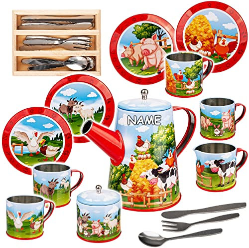 alles-meine.de GmbH 26 TLG. großes Set Puppengeschirr/Kaffeeservice & Teeservice + Besteck - Bauernhof Tiere - inkl. Name - Geschirr aus Blech - Metall - Blechgeschirr - Kind..