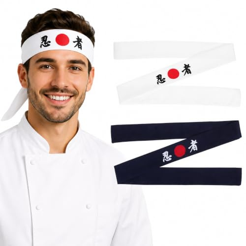 FOMIYES 2 Pcs Diadema Ninja Hachimaki y Azul, Cinta Pelo Japonesa para Chef de Sushi, Bandana de Algodón para Cocina, Karate, Artes Marciales y Disfraz Cosplay para Hombre y Mujer