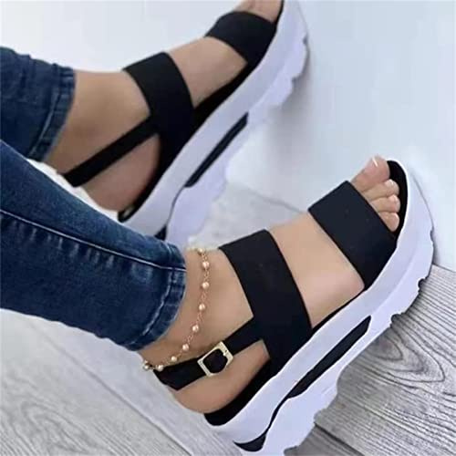 ISZI Women's Summer Sandals Casual Gladiator Wedge Shoes Comfortable Ankle Strap Outdoor Platform Sandals Faux Leather Open Toe Orthopedic with Arch Support Sports Sandals,Black,EU43/US11