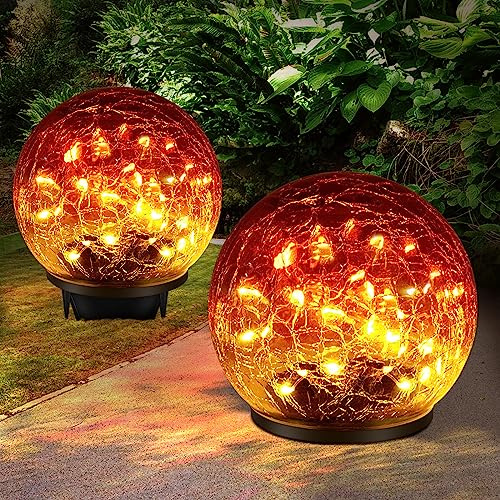 Keevvon 2 Pack 60 LED Garden Solar Outdoor Lights Decorative, Gradient red Cracked Glass Solar Globe Lights, Upgraded Waterproof Ball Lights for Yard Pathway Patio Lawn Christmas Outside Decor