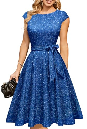 DRESSTELLS Cocktailkleid Damen Glitzerkleid Rockabilly Abendkleider Elegant Hochzeitsgast Silvester Outfit Swing Festliche Weihnachtskleid Glitter Royal Blue XL