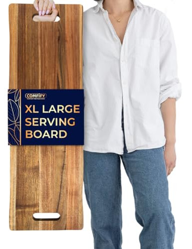 Tabla de servir de madera de acacia, plataforma expansiva de grano natural para comidas gourmet, platos de queso, aperitivos, mesa de comedor, cocina, decoración rústica del hogar, escaparate