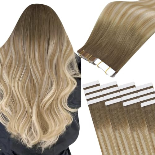 Easyouth Extensions Echthaar Tape Balayage Blond Tapes in Extension Echthaar Mittelbraun Ombre Honigblond Platinblond Extension Tapes Remy Menschenhaar für Damen #6/27/60 50cm 50g