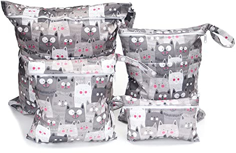 Stoffwindeln Nasstaschen,4Pcs Wickeltasche Wetbag mit Reißverschluss windeltasche wetbag Baby Nasse und Trocken Wickeltasche Waschbar Organizer Beutel für Baby Kleinkind Reisen Gym -graue Katze