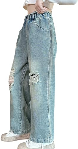 Happy Cherry Jeans Bambina in Denim Pantaloni Larghi Casual Vita Alta Jeans Strappati con Tasche Pantaloni Lunghi Blu Vintage per Ragazze, 11-12 Anni