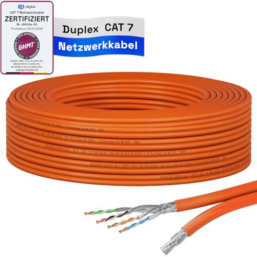 HB-DIGITAL Cable de red LAN CAT 7 de 15m, cable de tendido Ethernet, cable de instalación 10 Gbit/s, AWG23 S/FTP, certificado GHMT, cobre puro, LSZH BauPVO clase Cca, cable de datos dúplex – naranja