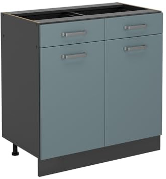 Vicco Küchenunterschrank R-Line, Blau-Grau, 80 cm | 2 Schubladen · Ohne Arbeitsplatte · Höhenverstellbare Füße · 2 Türen · ✓ Leichter Zugriff