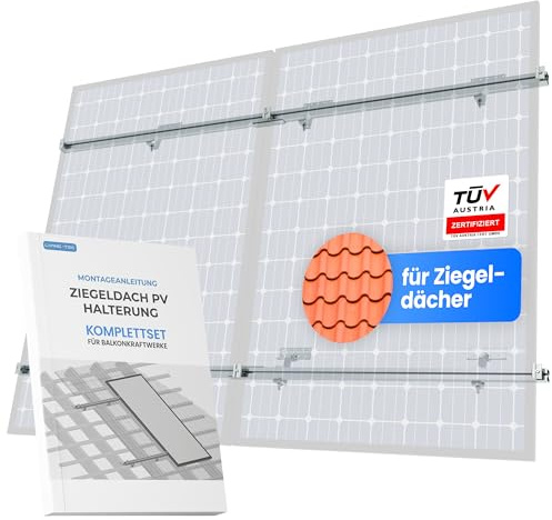 LIVING-TEC Balkonkraftwerk Halterung Ziegeldach Komplettset mit Dachhaken | Befestigung für Solarmodul & PV-Modul - inkl. Montageschiene, Klemme & Anleitung - TÜV-zertifiziert für Schrägdach