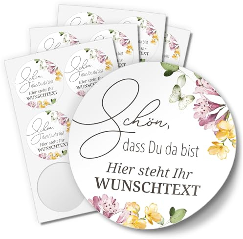 Einladungskarten Manufaktur Hamburg 24 PERSONALISIERTE Aufkleber Schön dass Du da bist individualisiert anpassbar mit Ihrem Wunschtext Etiketten rund 4cm, Floral Schmetterling