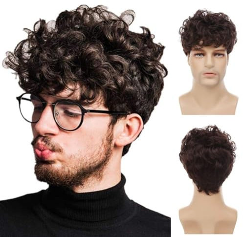 Siudus Parrucca marrone riccia corta da uomo con bangs naturale dall'aspetto soffice parrucca quotidiana in fibra resistente al calore