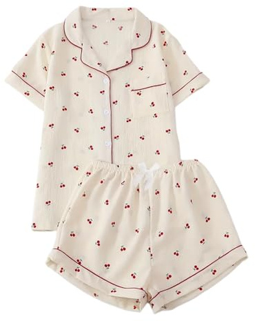 FeMereina 2-teiliges Damen-Pyjama-Set, Kirsch-Druck, kurzärmelig, lockere Oberteile und Shorts, Nachtwäsche, Loungewear, Outfits