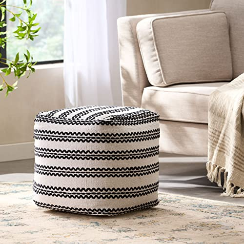 GDFStudio Boho Handmade Fabric Cube Pouf Ottoman Foot Stool - Bean Bag Floor Chair - Foot Rest Couch for Living Room Bedroom,Natural and Black,16 x 16 x 15.75