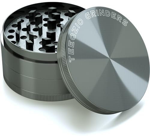 TEEQZIO Grinder Grande Triturador Ø75mm, Aleación de Zinc 4 Piezas para Especias, Hierbas con Rascador de Polen & Cepillo (Gris)