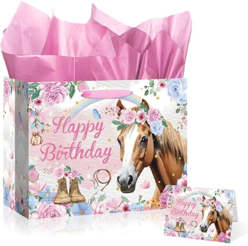 Geschenktüte mit rosa Pferd, für Mädchen, Westernpferd, Cowgirl, Geschenkpapiertüte mit Karte, Seidenpferd, Happy Birthday, Party-Dekorationen für Frauen, Pferd, Cowgirl, Geburtstagsparty,