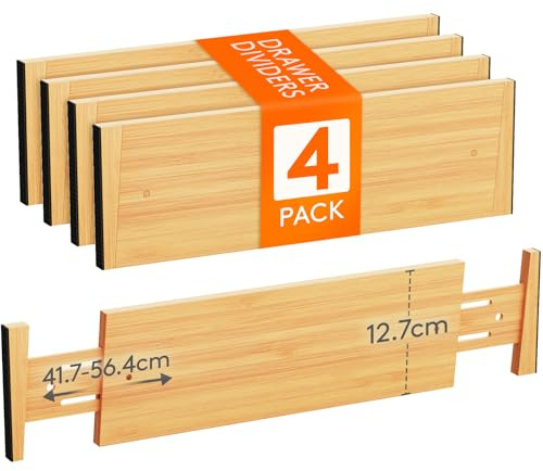 Lifewit Separadores de Cajones ajustables de bambú, Divisores para Cajones, Organizador para Cocina, Armarios, Escritorio, Tocador, Altura 12.7 cm y Longitud 45 -55 cm, Set de 4