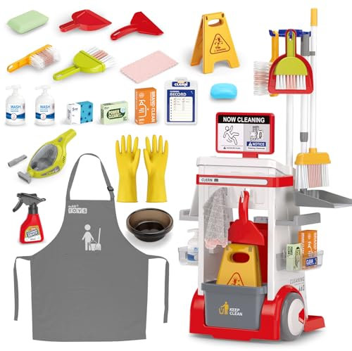 deAO Carrello Pulizie Bambini, Set Pulizia Giocattolo con Aspirapolvere Funzionante Mop, Scopa e Accessori Gioco Educativo per Bambini 3-8 Anni | Rosso