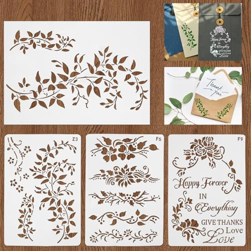 Foyods 4 Stück Schablonen Malen,A4 Größe Wiederverwendbare Weinreben schablonen,Blumen Schablonen Malen,Wandschablone,für Basteln,Möbel,Zeichenkarte,Heimdekoration,Leinwand