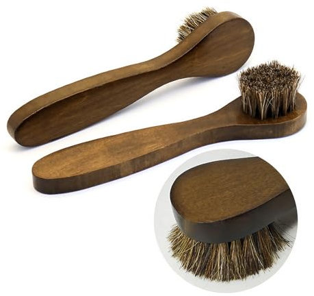 2-Piece Premium Horse Hair Shoe Polish Brush Set With Wooden Handle - Anti-Slip Applicator for Leather Boots, Car Seats, Sofas